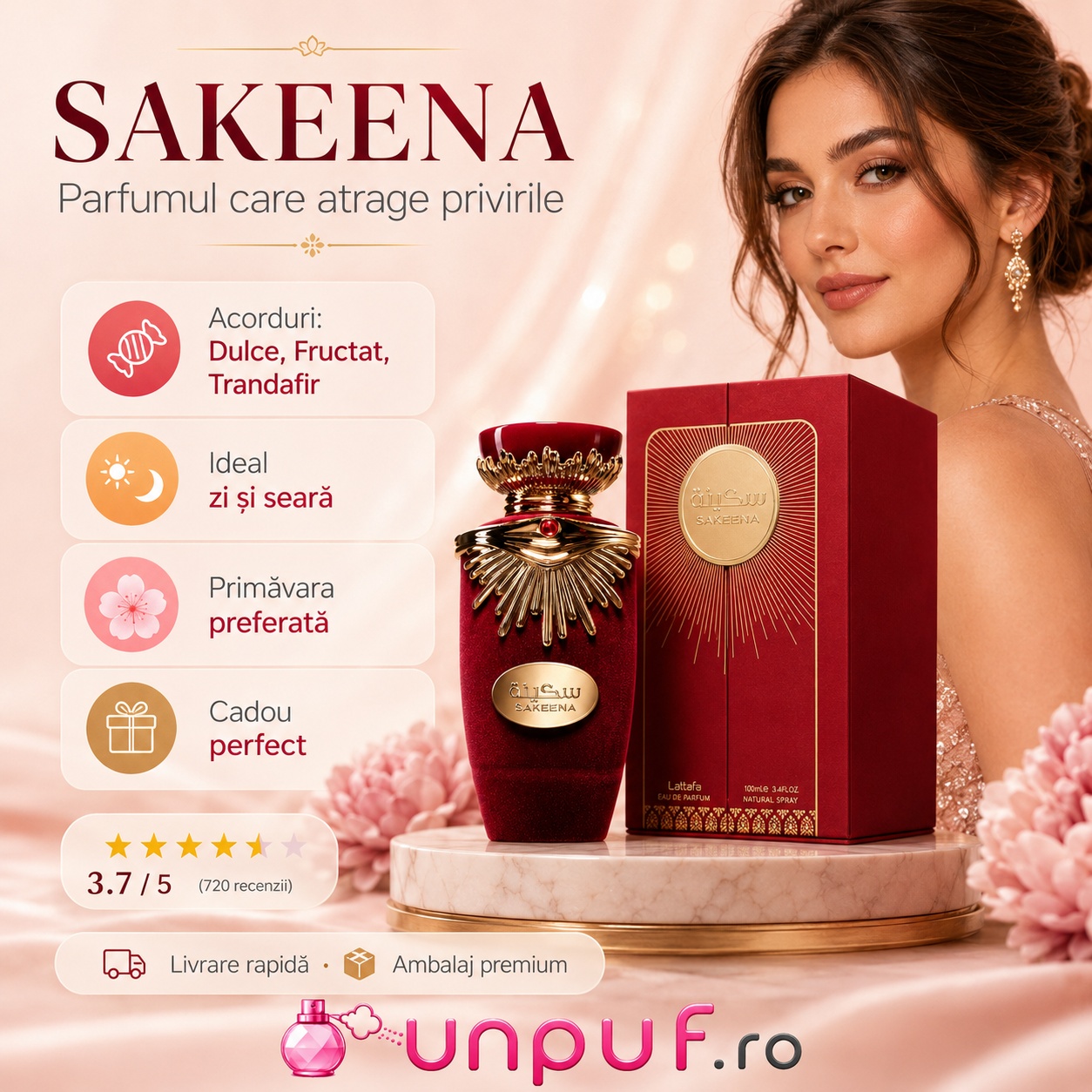 Lattafa Sakeena parfum de damă care atrage privirile, dulce, fructat, cu trandafir, ideal zi și seară, primăvara și cadou