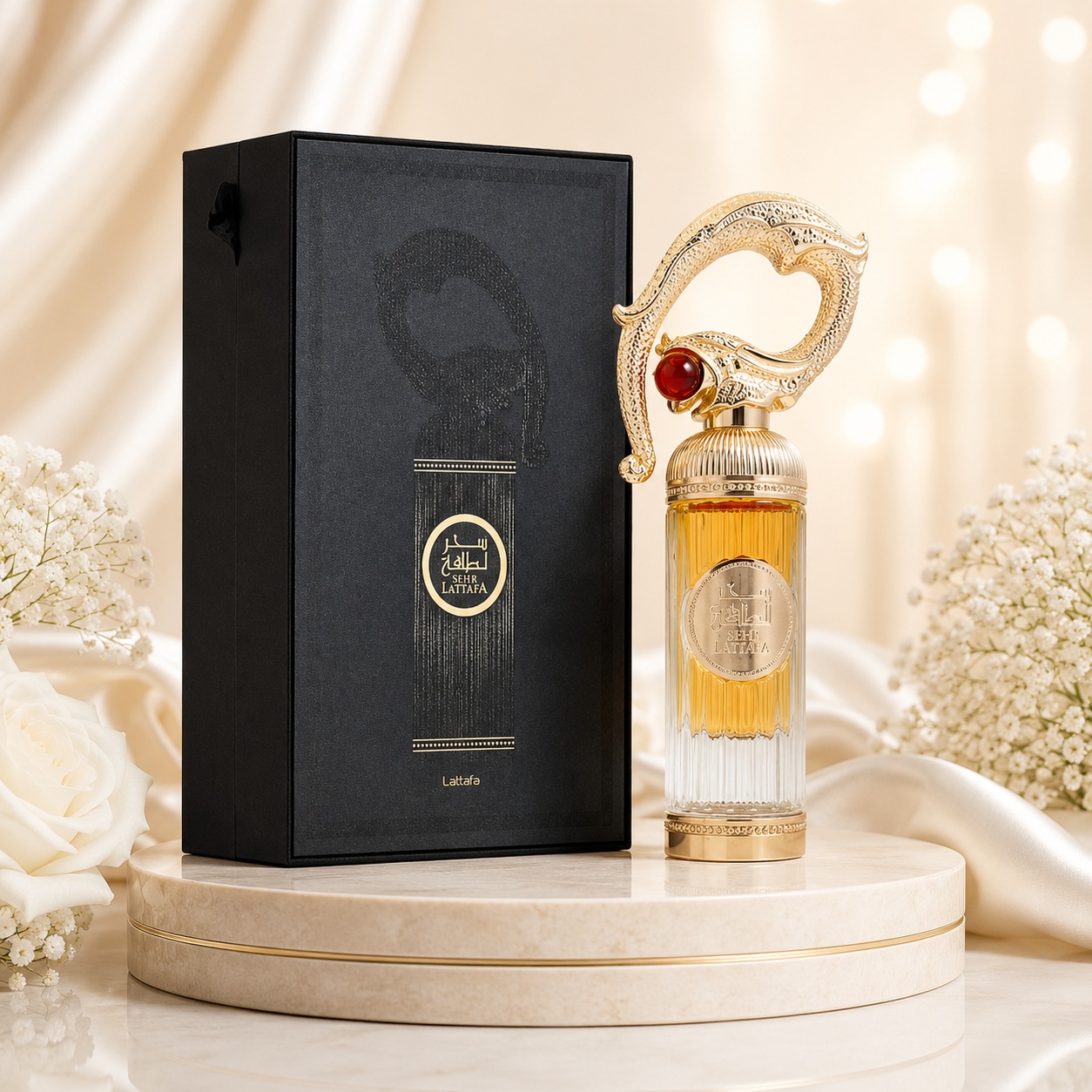Parfum Arăbesc Lattafa Sehr 100 ml unisex cu flacon auriu ornamental, piatră roșie decorativă și cutie neagră premium Lattafa