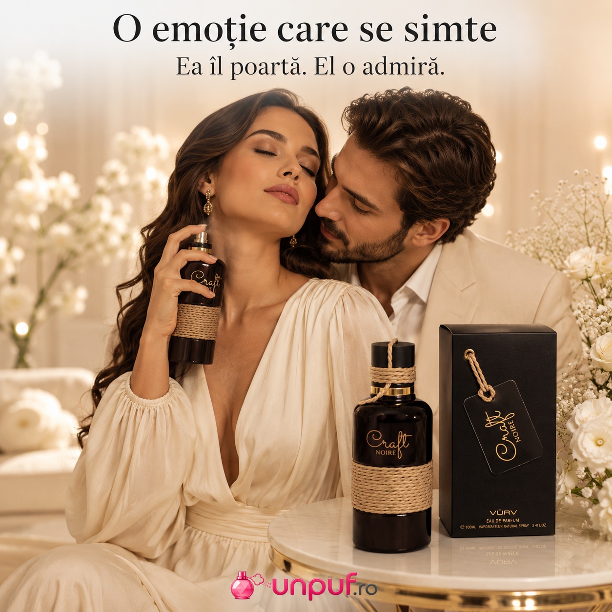 Lattafa Vurv Craft Noire parfum elegant, o emoție care se simte, ea &icirc;l poartă, el o admiră
