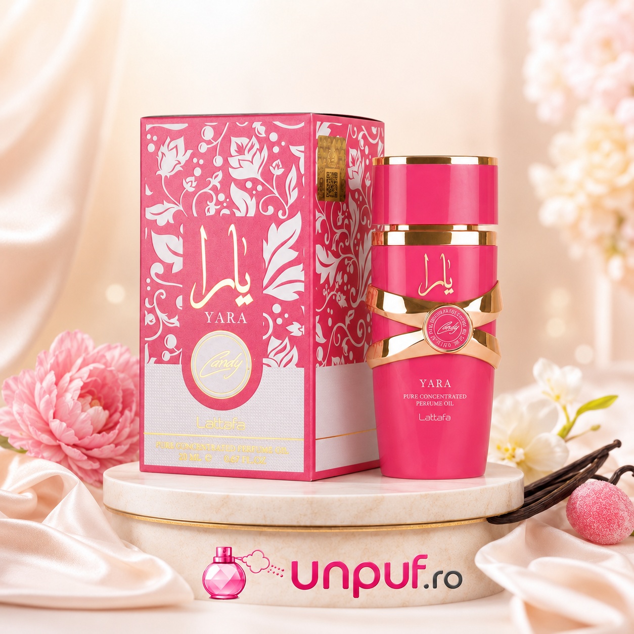 Lattafa Yara Candy Concentrated Oil 20 ml cu flacon roz original și cutie roz decorată, ulei parfumat concentrat cu aromă dulce fructată