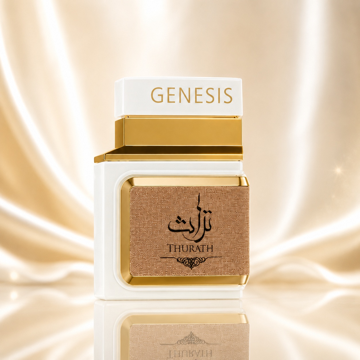 Sticlă parfum Le Chameau Genesis Thurath 100 ml albă cu accente aurii și etichetă texturată premium