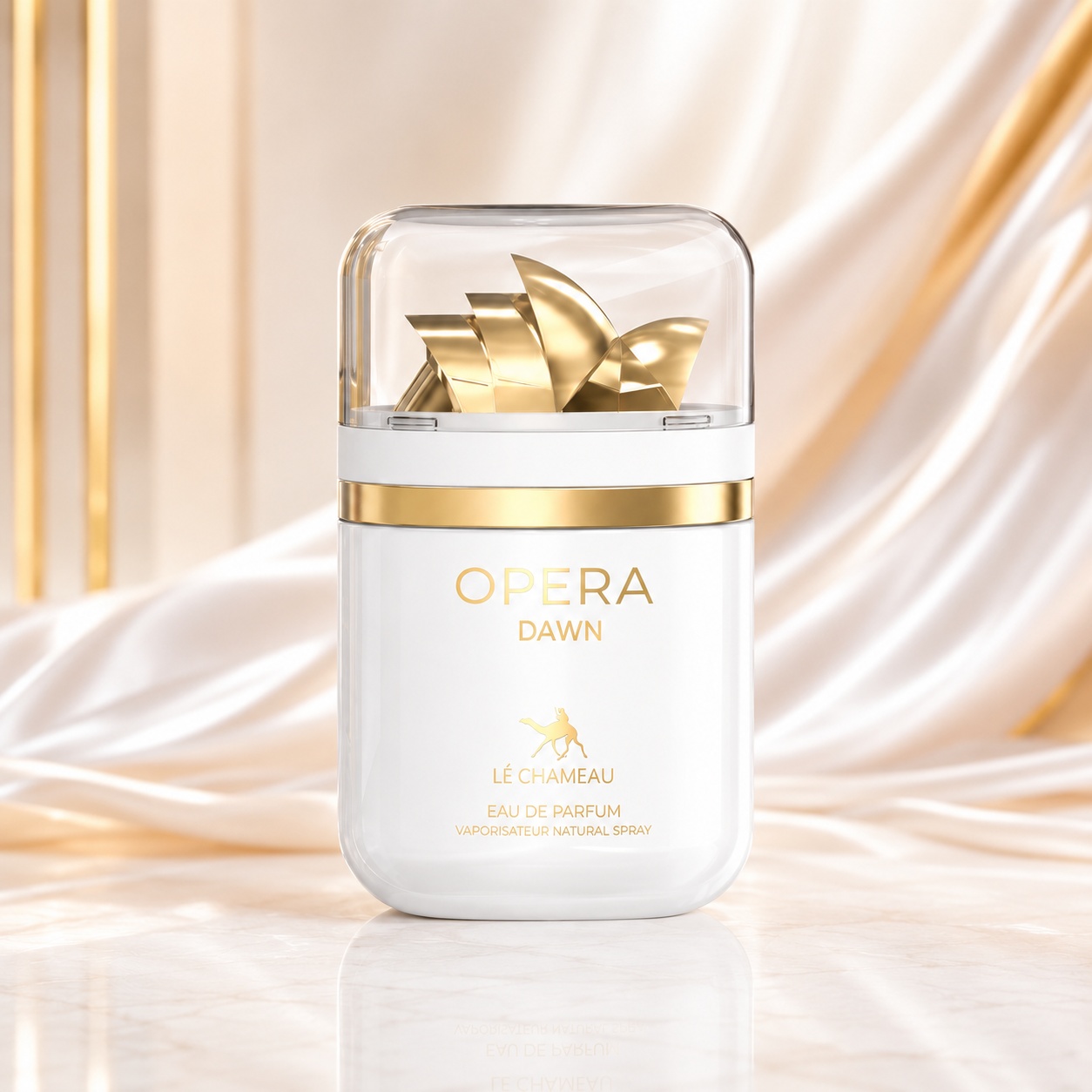 Sticlă parfum Le Chameau Opera Dawn 100 ml alb perlat cu capac transparent și detalii aurii artistice