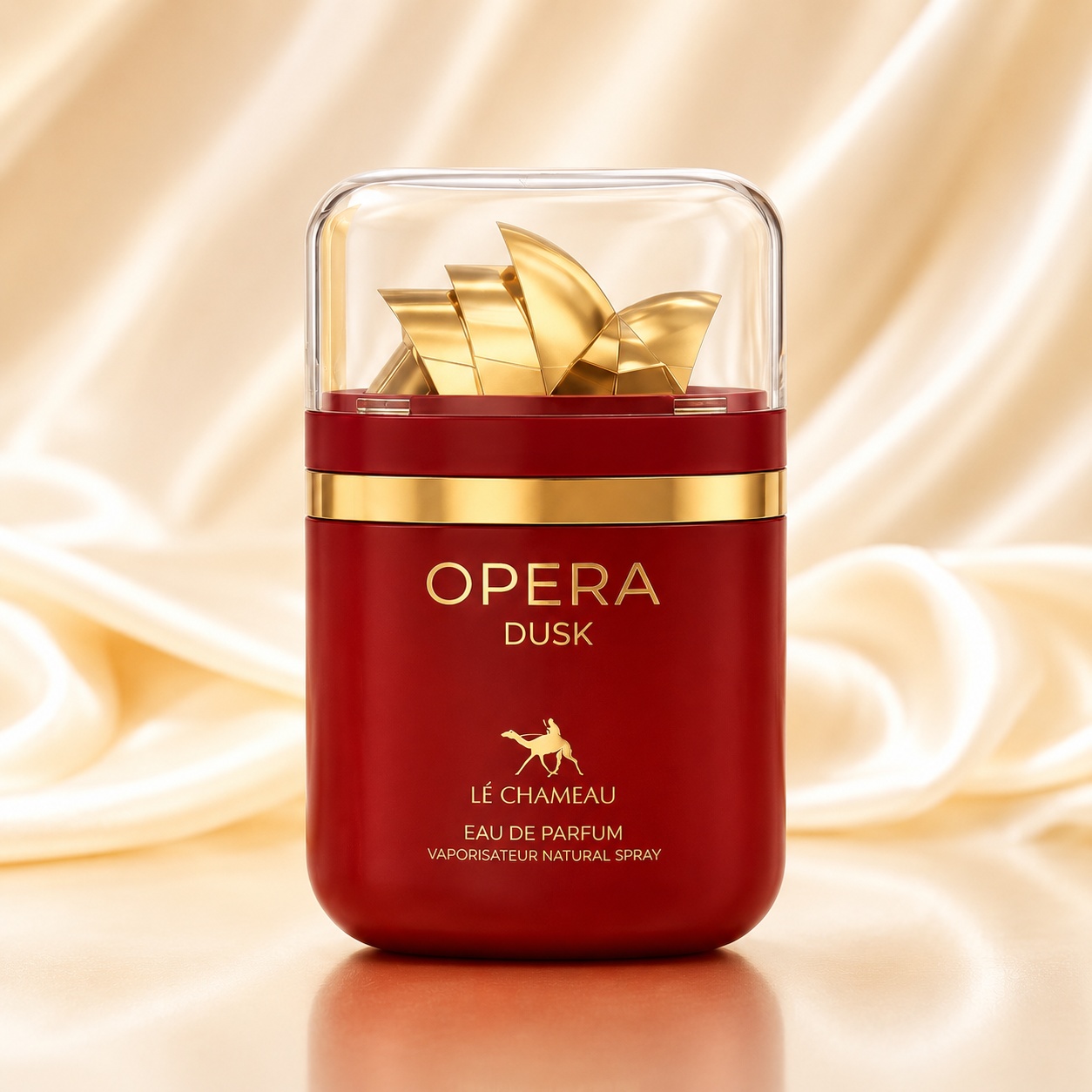 Sticlă parfum Le Chameau Opera Dusk 100 ml roșu burgundy cu accente aurii și capac sculptural premium