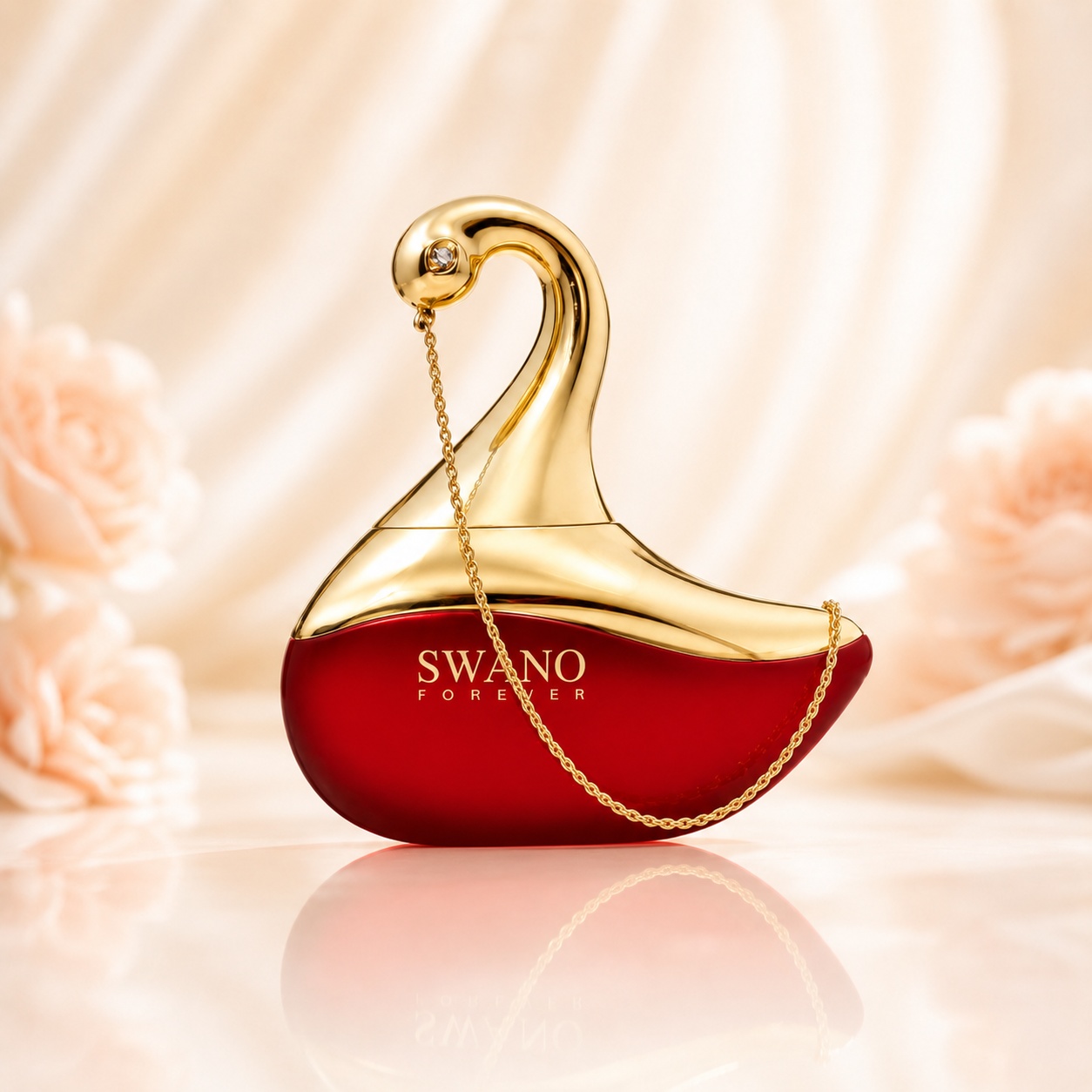 Sticlă parfum Le Chameau Swano Forever 80 ml roșu rubiniu cu capac auriu &icirc;n formă de lebădă și lanț decorativ