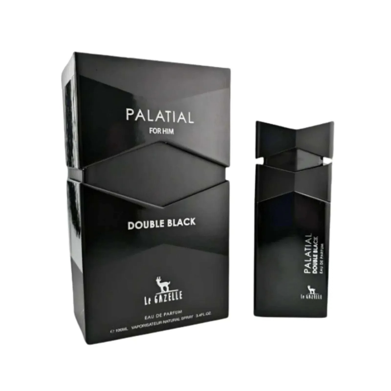 Imagine produs Le Gazelle Palatial Double Black 100 ml pe fundal alb, flacon negru și cutie Eau de Parfum