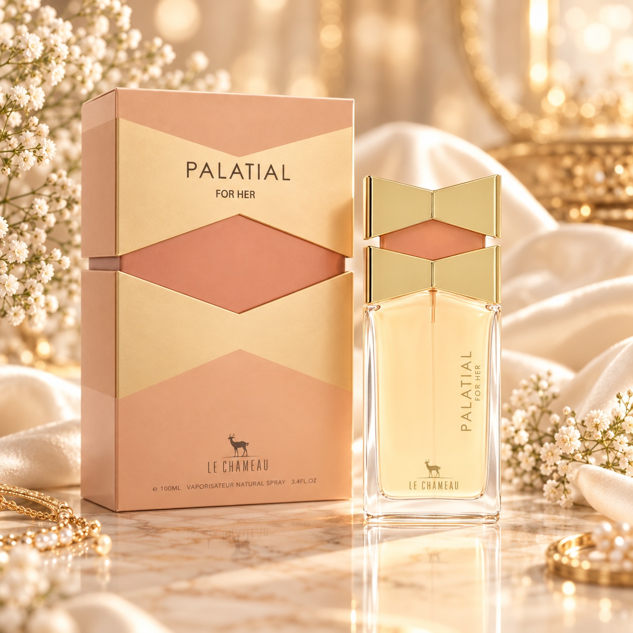 Parfum Le Gazelle Palatial For Her 100 ml, flacon șampanie și cutie piersică aurie elegantă