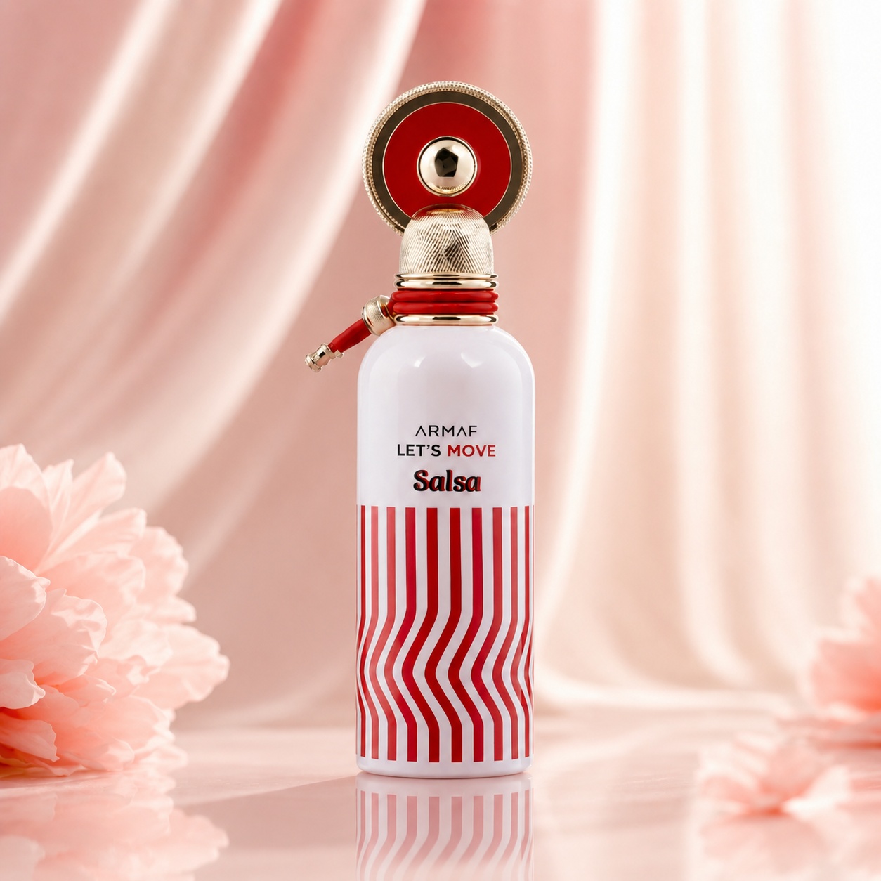 Sticlă parfum Let&rsquo;s Move Salsa Armaf 100 ml cu design alb roșu și capac auriu