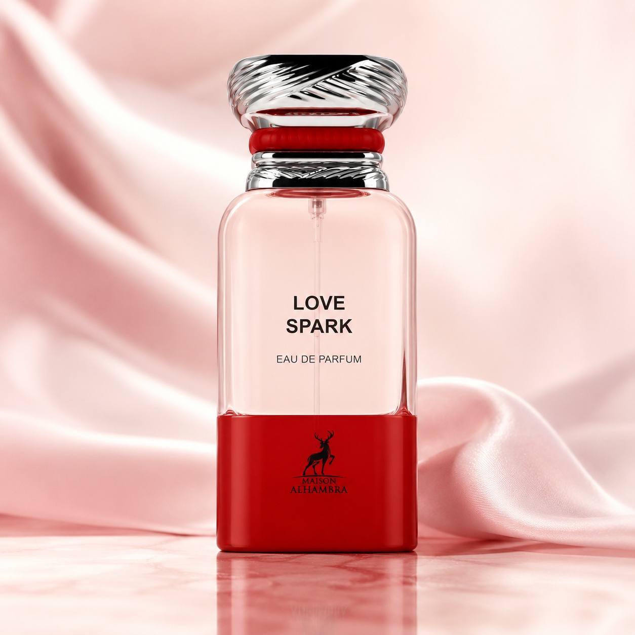 Sticlă parfum Love Spark Maison Alhambra 80 ml roz transparent cu bază roșie și capac argintiu sculptural