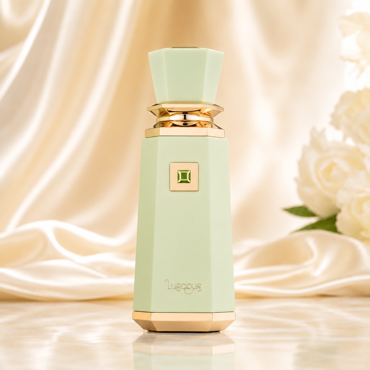 Sticlă parfum Luscious French Avenue 100 ml verde fistic cu capac sculptural și detalii aurii