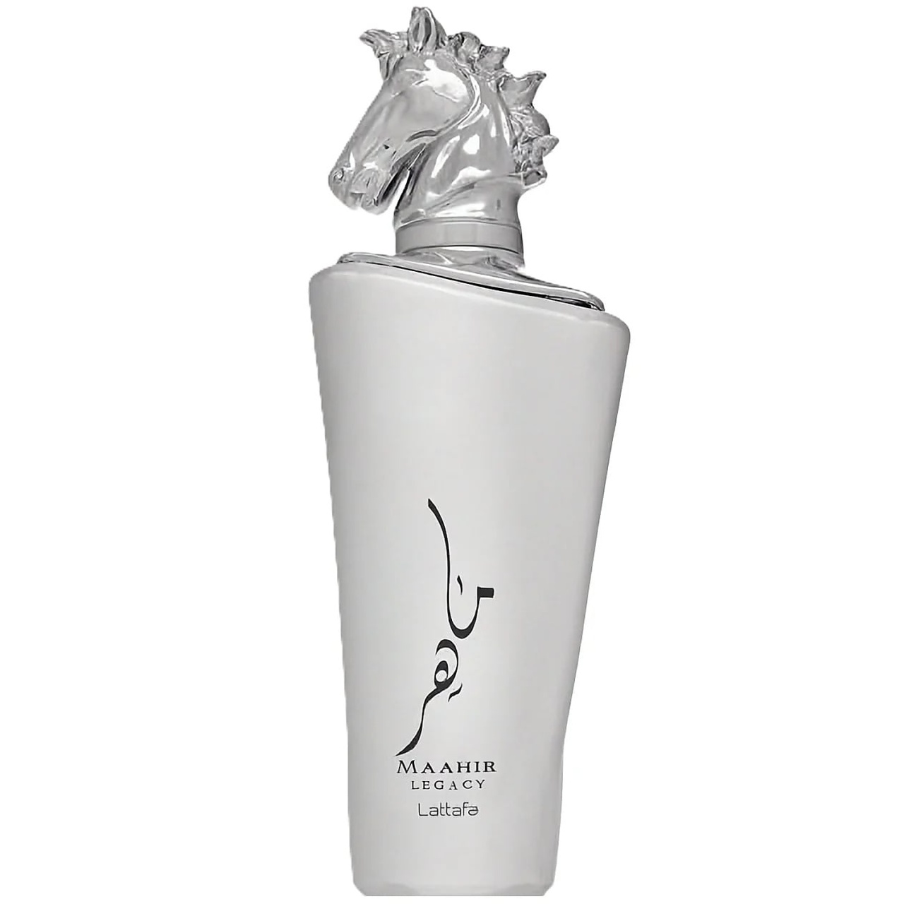 Flacon original Maahir Legacy Lattafa 100 ml parfum unisex argintiu cu capac &icirc;n formă de cal