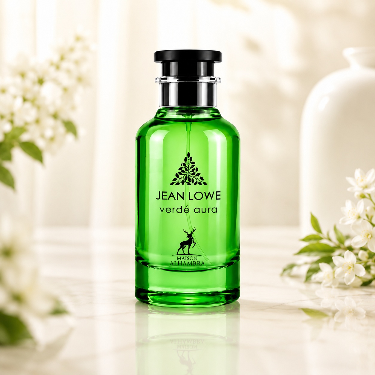 Sticlă Maison Alhambra Jean Lowe Verde Aura, parfum verde unisex cu capac negru elegant și design luminos