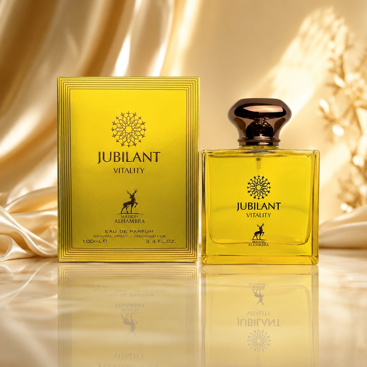 Parfum Maison Alhambra Jubilant Vitality 100 ml, sticlă și cutie galben auriu cu design luminos