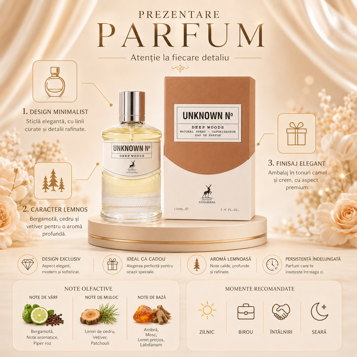 Prezentare parfum Maison Alhambra Unknown No Deep Woods cu design minimalist, caracter lemnos și persistență îndelungată