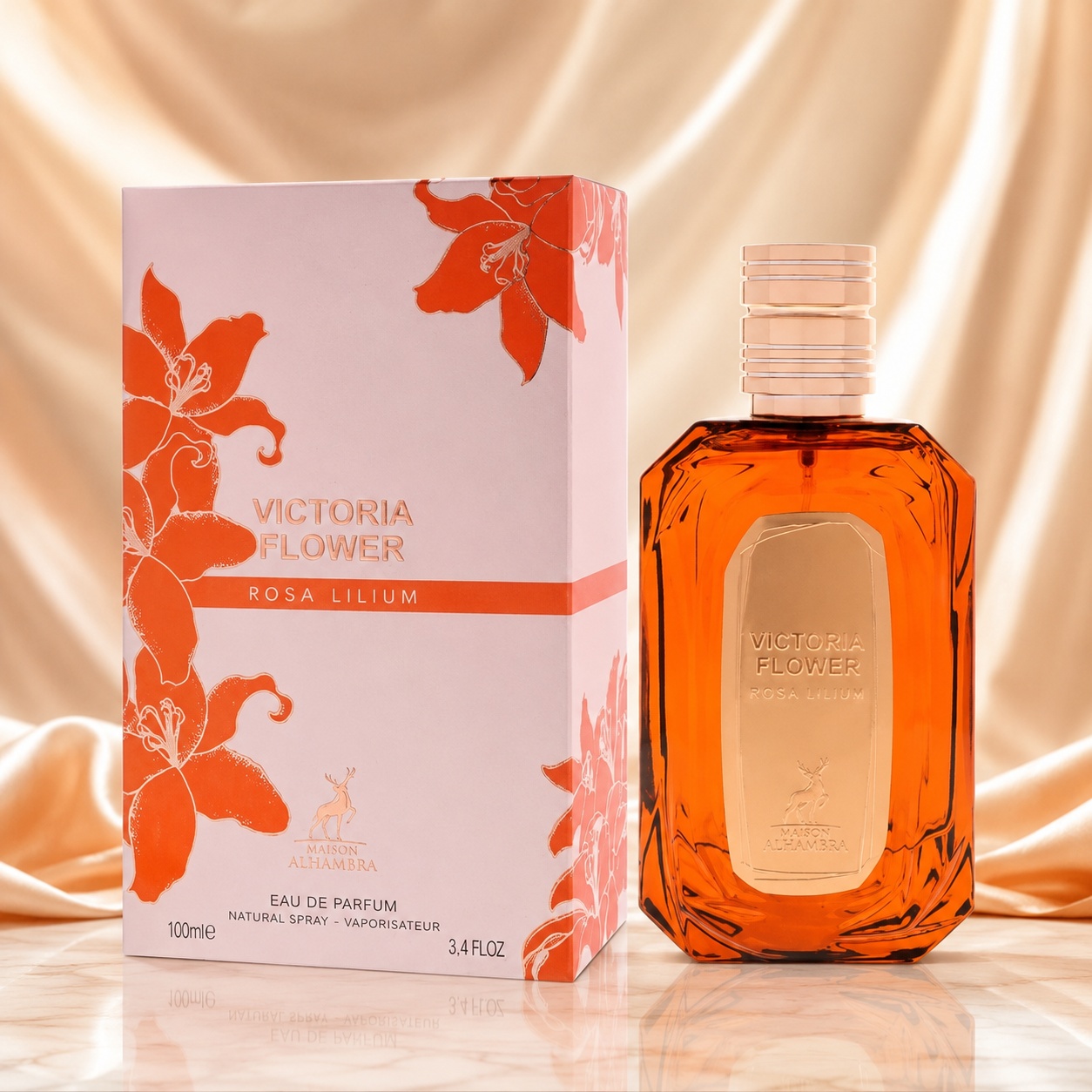 Parfum Maison Alhambra Victoria Flower Rosa Lilium 100 ml pentru damă, cutie florală și sticlă elegantă