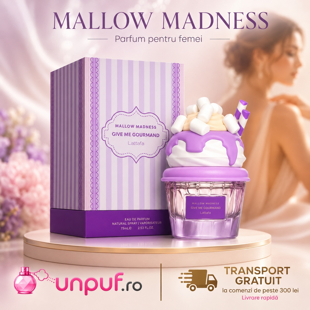 Mallow Madness Lattafa parfum damă 75 ml cu flacon &icirc;n formă de desert și cutie premium