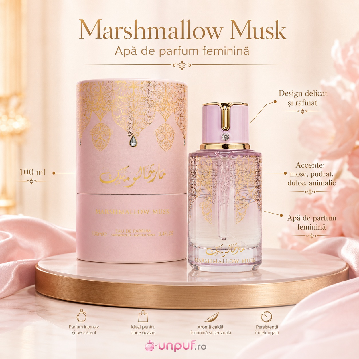 Prezentare Parfum Marshmallow Musk Eau de Parfum 100ml cu detalii despre aromă și persistență