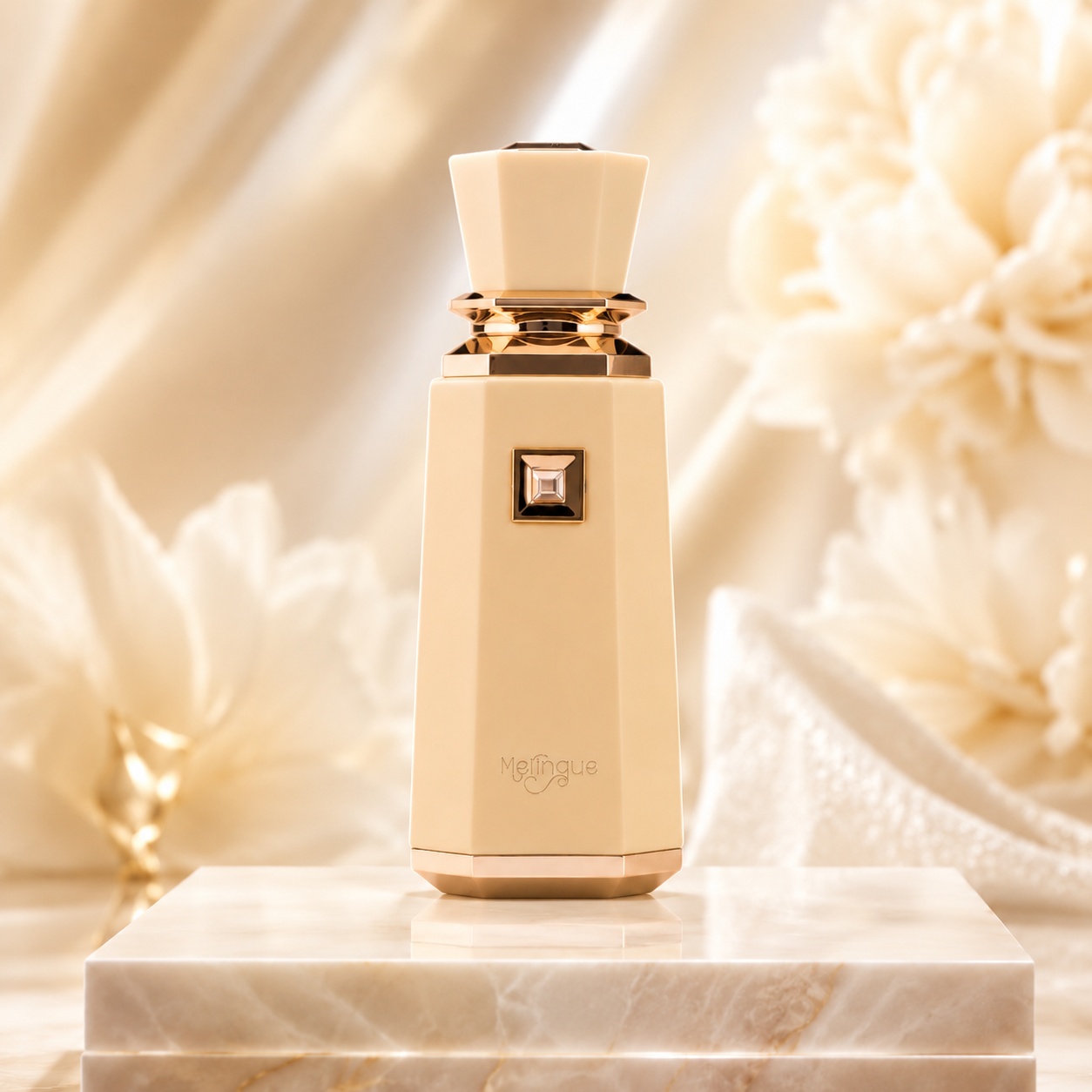 Sticlă parfum Meringue French Avenue 100 ml crem vanilat cu capac sculptural și detalii rose gold