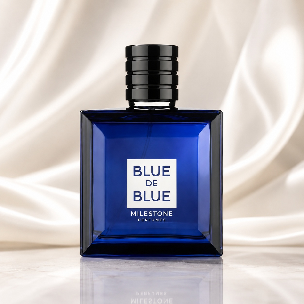 Sticlă parfum Milestone Blue De Blue 100 ml albastru intens cu capac negru elegant și design masculin