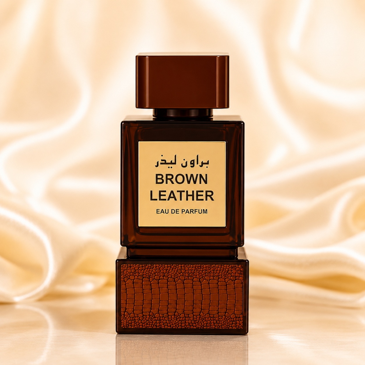 Sticlă parfum Milestone Brown Leather 100 ml maro cognac cu capac geometric și bază cu textură de piele