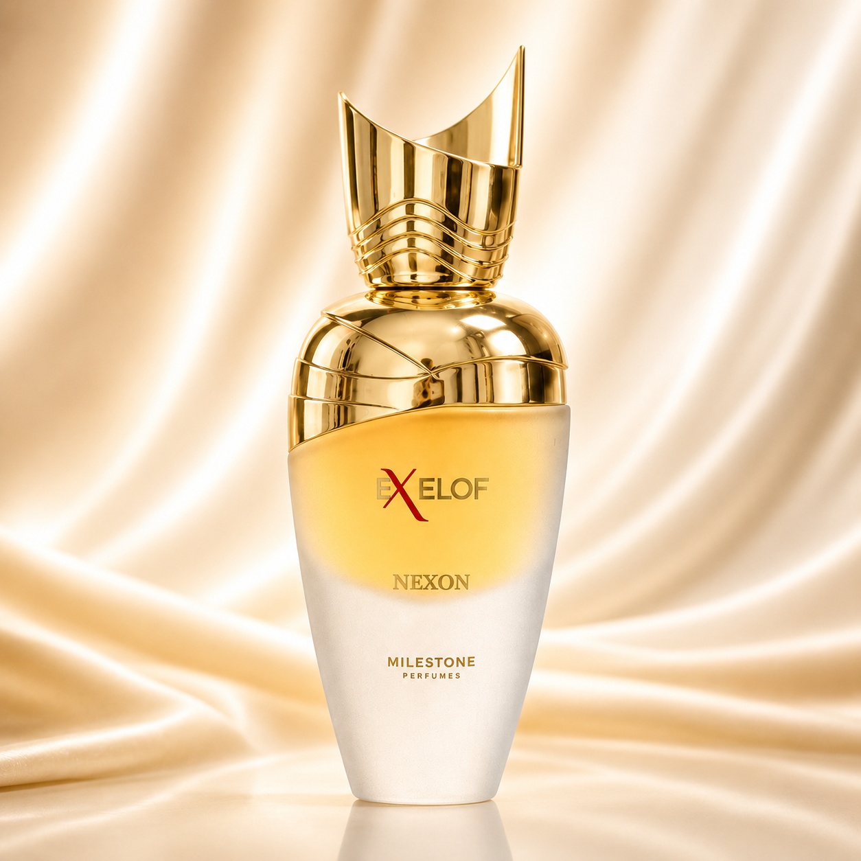 Sticlă parfum Milestone Exelof Nexon 85 ml alb perlat cu lichid auriu și capac sculptural premium