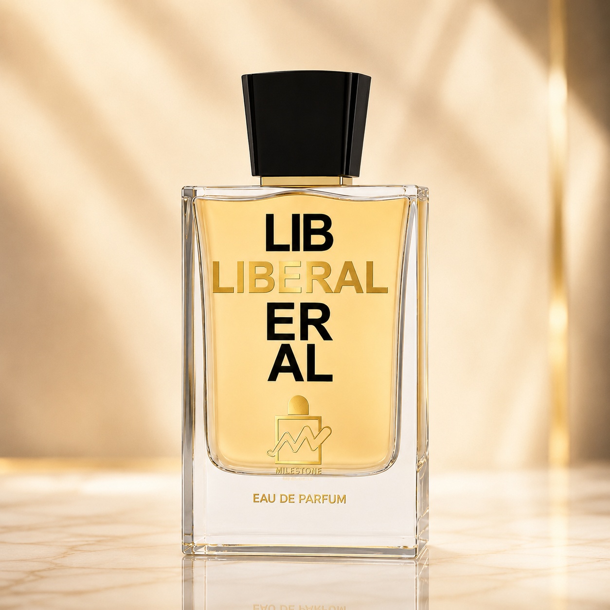 Sticlă parfum Milestone Liberal 100 ml transparentă cu lichid auriu și capac negru sofisticat