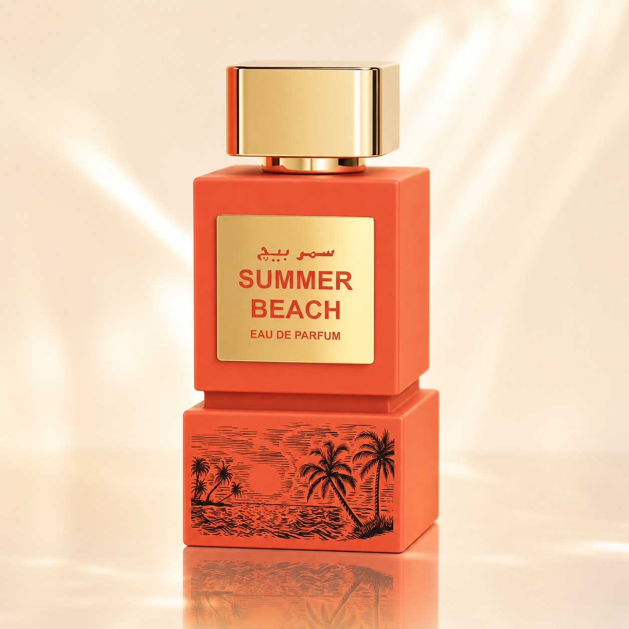 Sticlă parfum Milestone Summer Beach 100 ml portocaliu piersică cu capac auriu și design tropical elegant