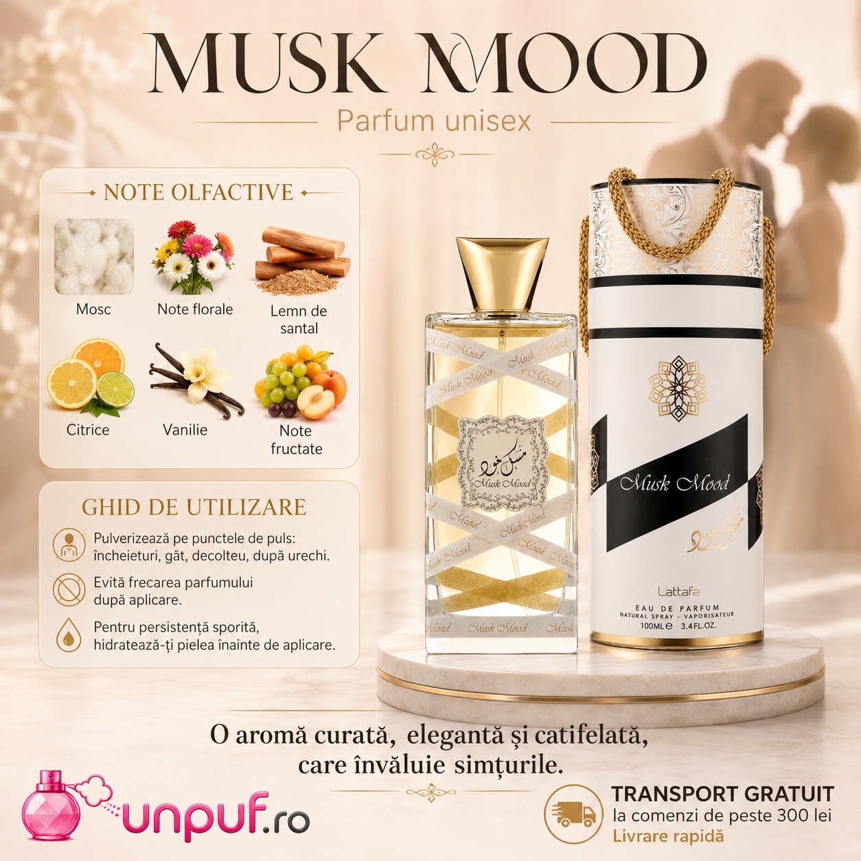Mood Musk Lattafa parfum unisex cu note de mosc, note florale, lemn de santal, citrice, vanilie și note fructate