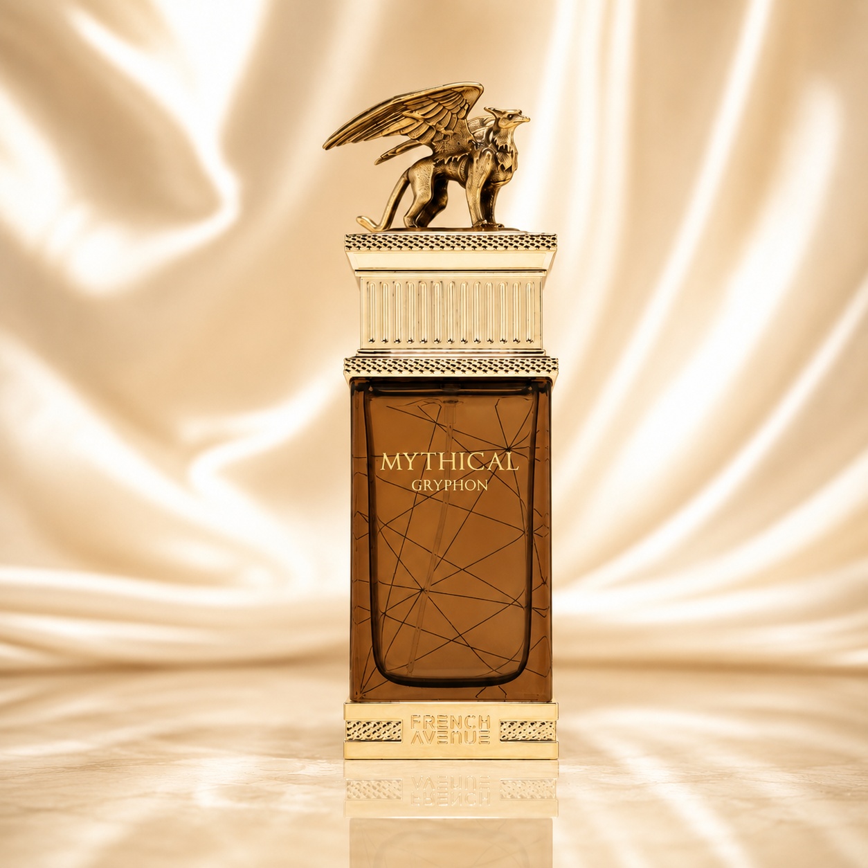 Sticlă parfum Mythical Gryphon 100 ml cu grifon auriu, sticlă ambrată și design arhitectural premium