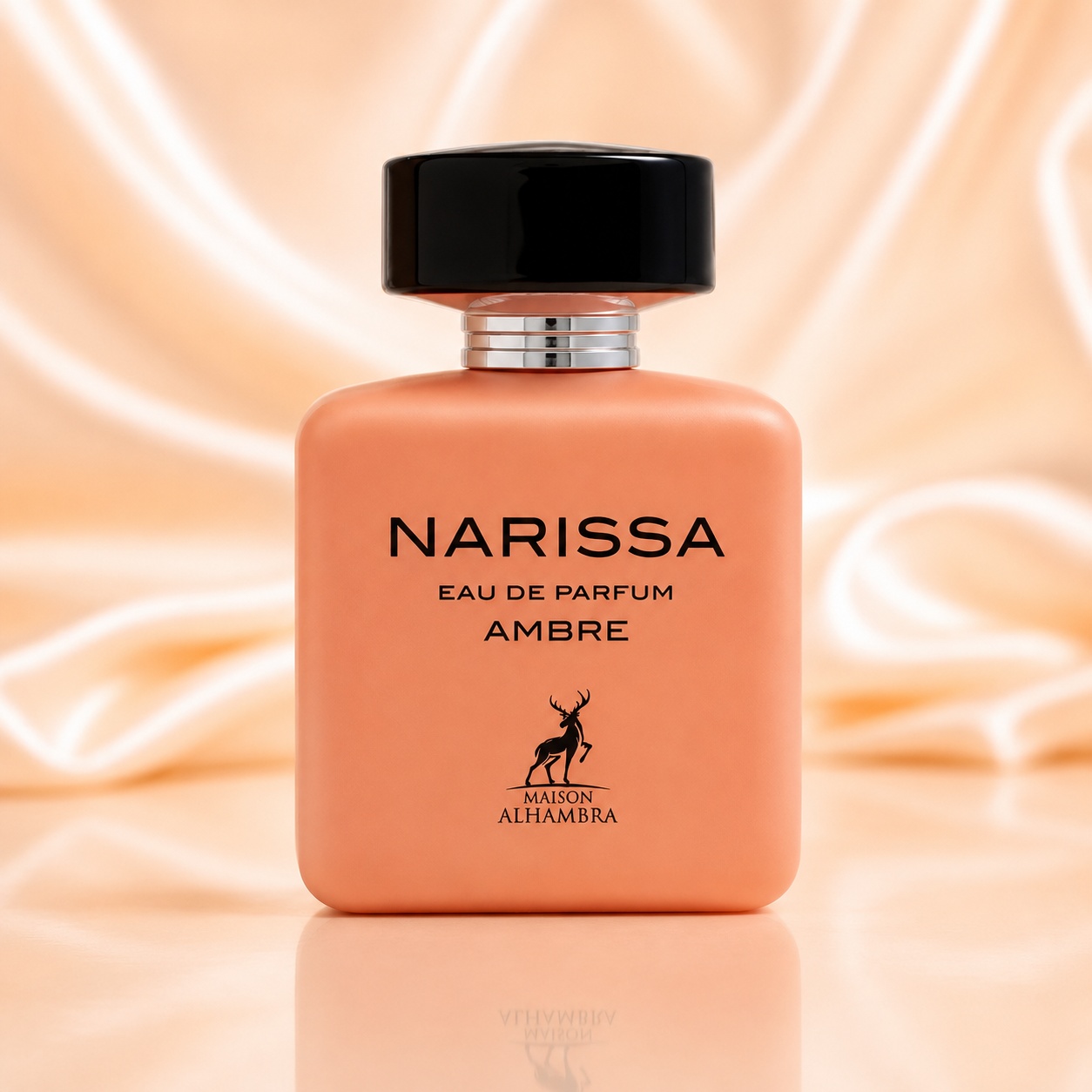 Sticlă parfum Narissa Ambre Maison Alhambra 100 ml coral pudrat cu capac negru lucios și design feminin elegant