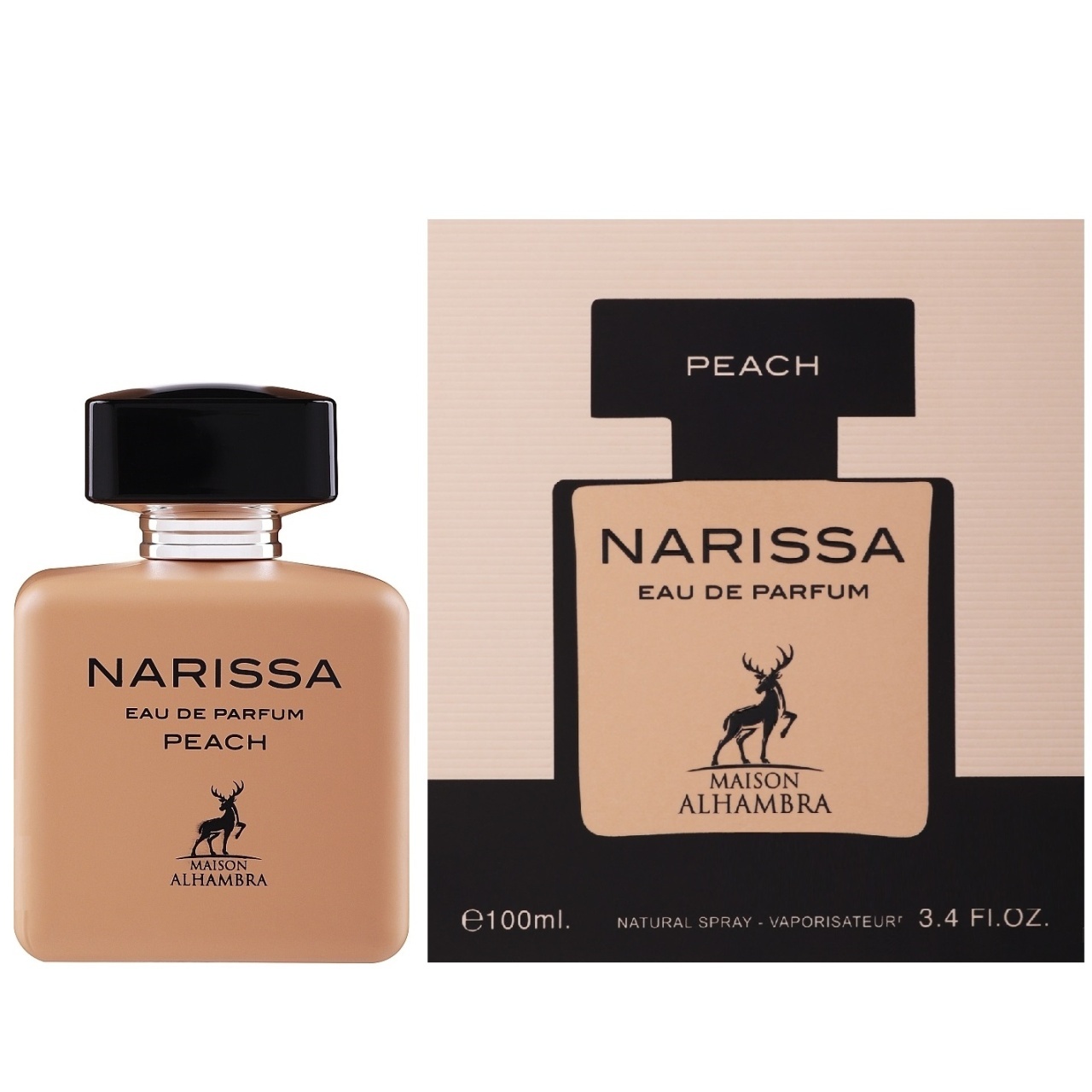 Narissa Peach Maison Alhambra 100 ml sticlă și cutie produs pe fundal alb