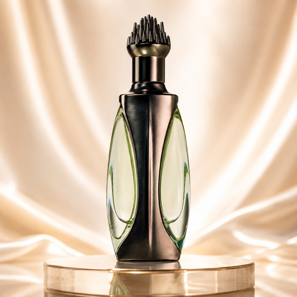Sticlă parfum Hayaam Niche Emarati Lattafa 100 ml cu design sculptural, capac negru și detalii verzi elegante