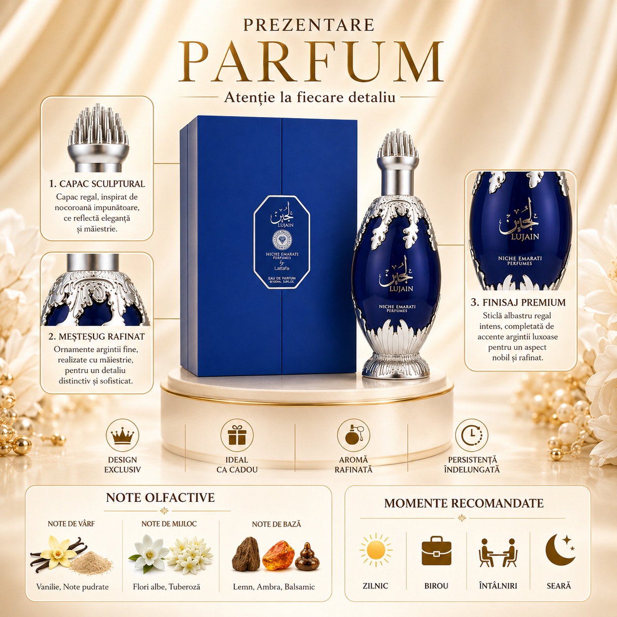 Prezentare parfum Lujain Niche Emarati cu capac sculptural, meșteșug rafinat, finisaj premium și note olfactive