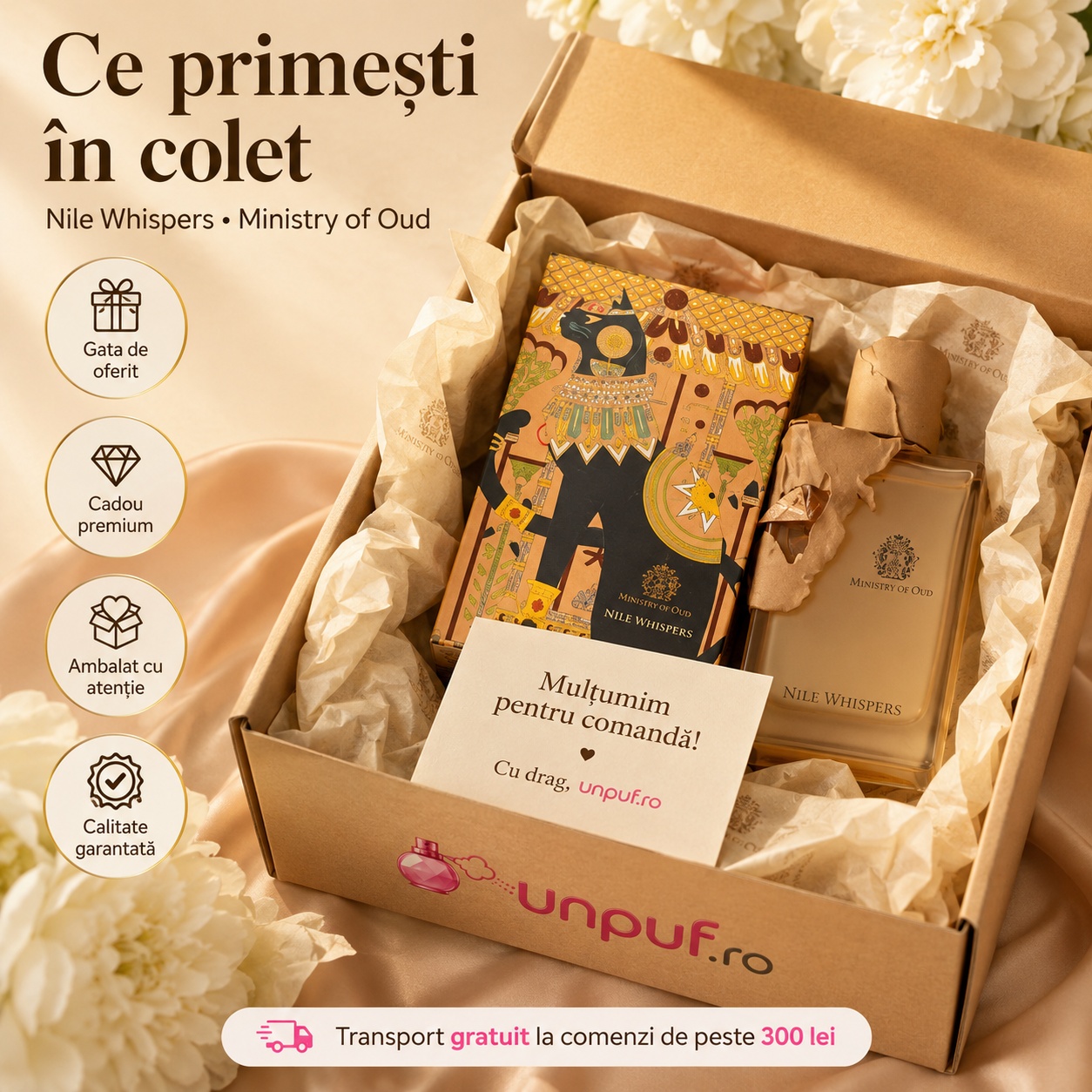 Ce primești în colet la parfumul Nile Whispers Ministry Of Oud, ambalaj premium și prezentare cadou UnPuf.ro