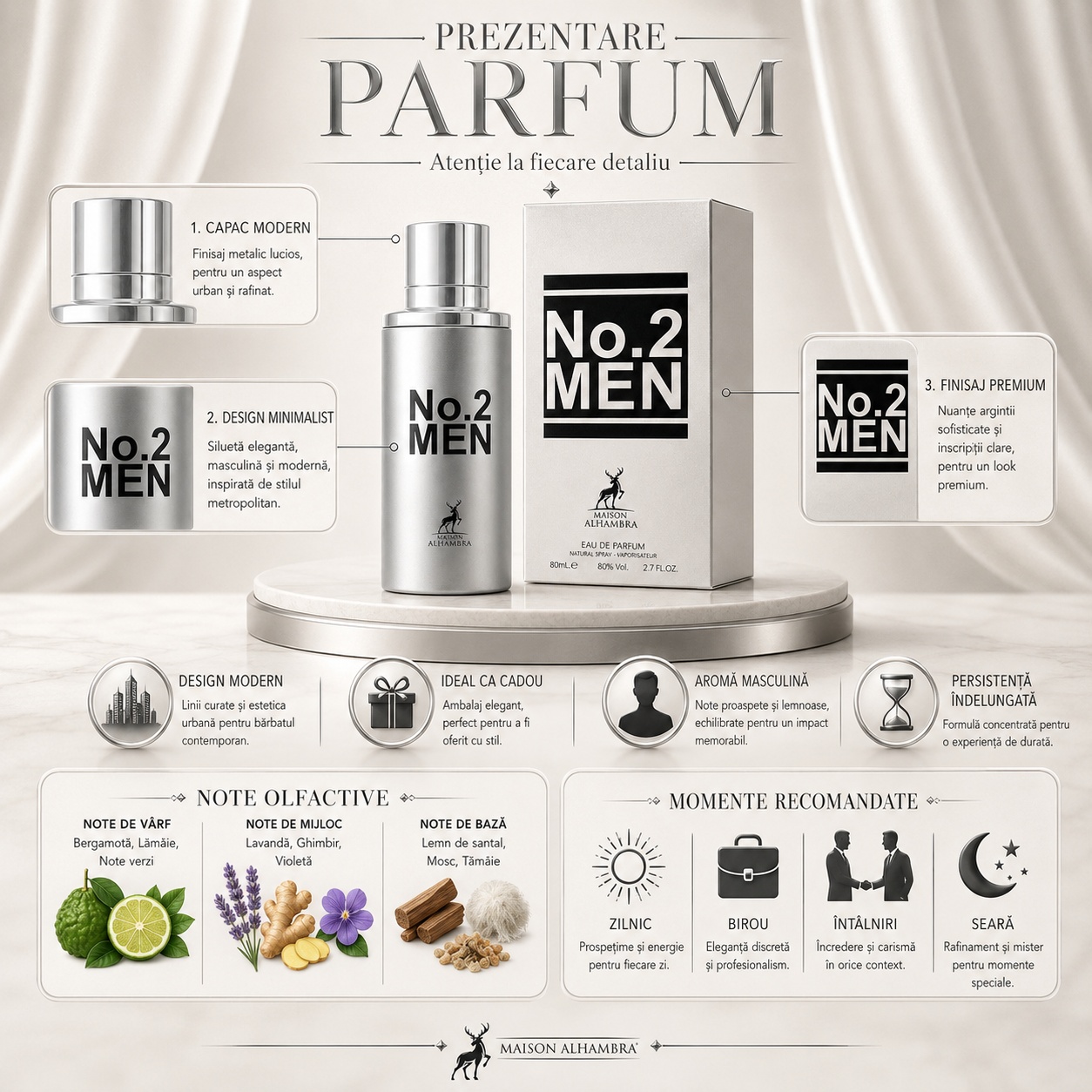 Prezentare parfum No. 2 Men Maison Alhambra cu capac modern, design minimalist, finisaj premium și note olfactive