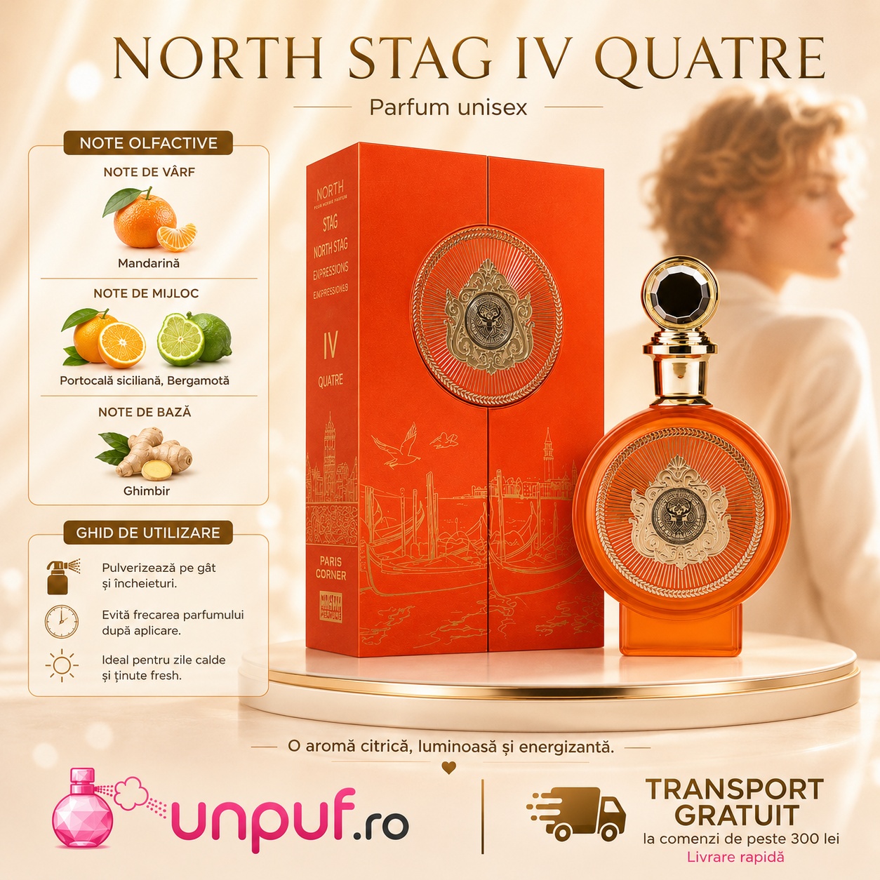 North Stag IV Quatre note olfactive și ghid de utilizare cu mandarină, portocală siciliană, bergamotă și ghimbir