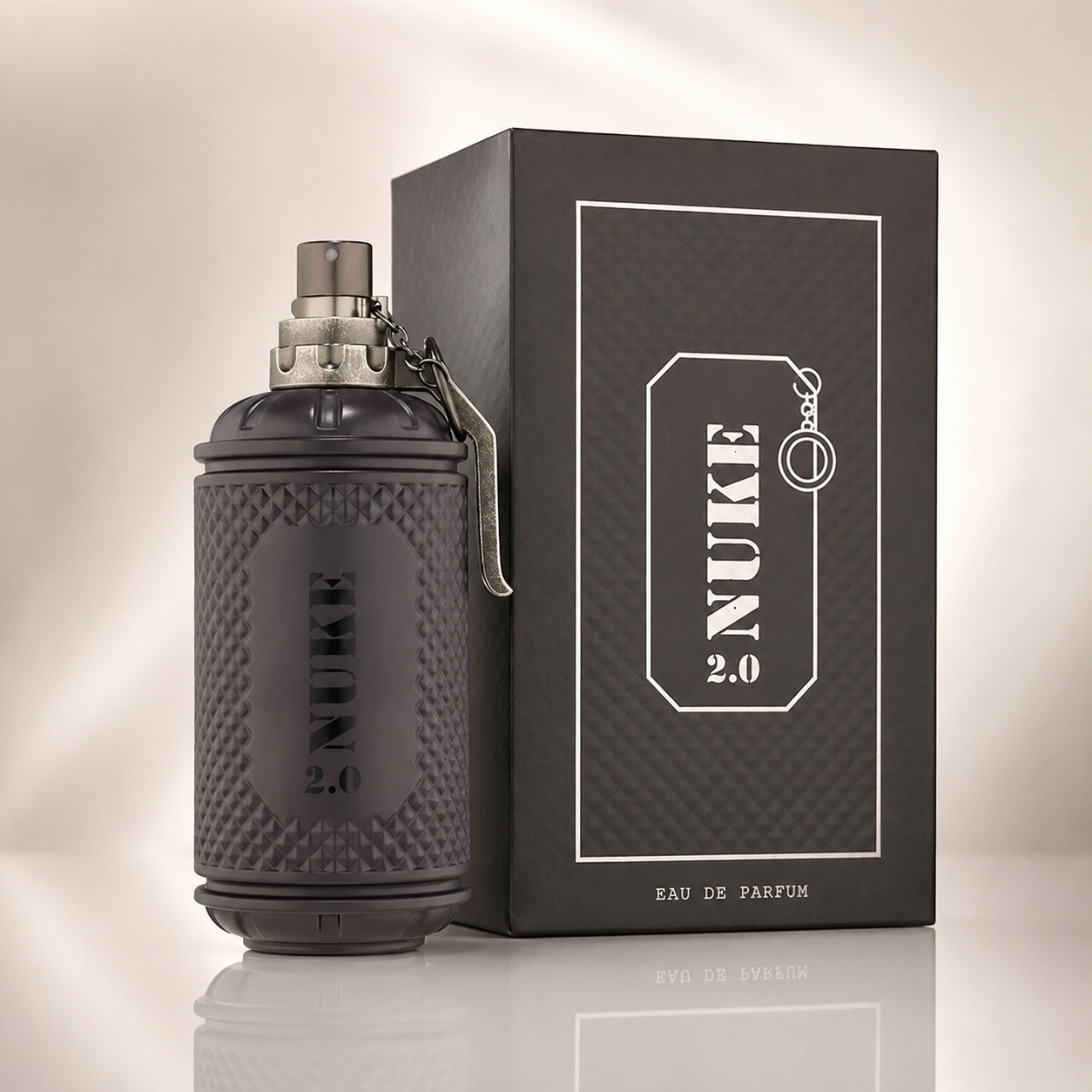Parfum Arăbesc Nuke 2.0 Fragrance World 100 ml cu flacon gri fumuriu și cutie neagră premium