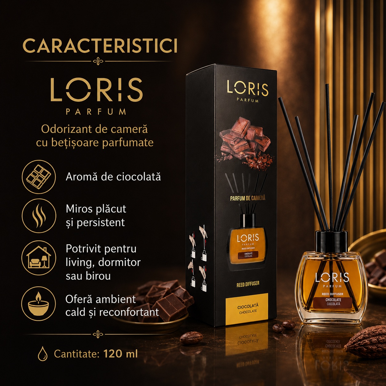 Caracteristici odorizant de cameră cu bețișoare parfumate Loris Parfum aromă ciocolată 120 ml