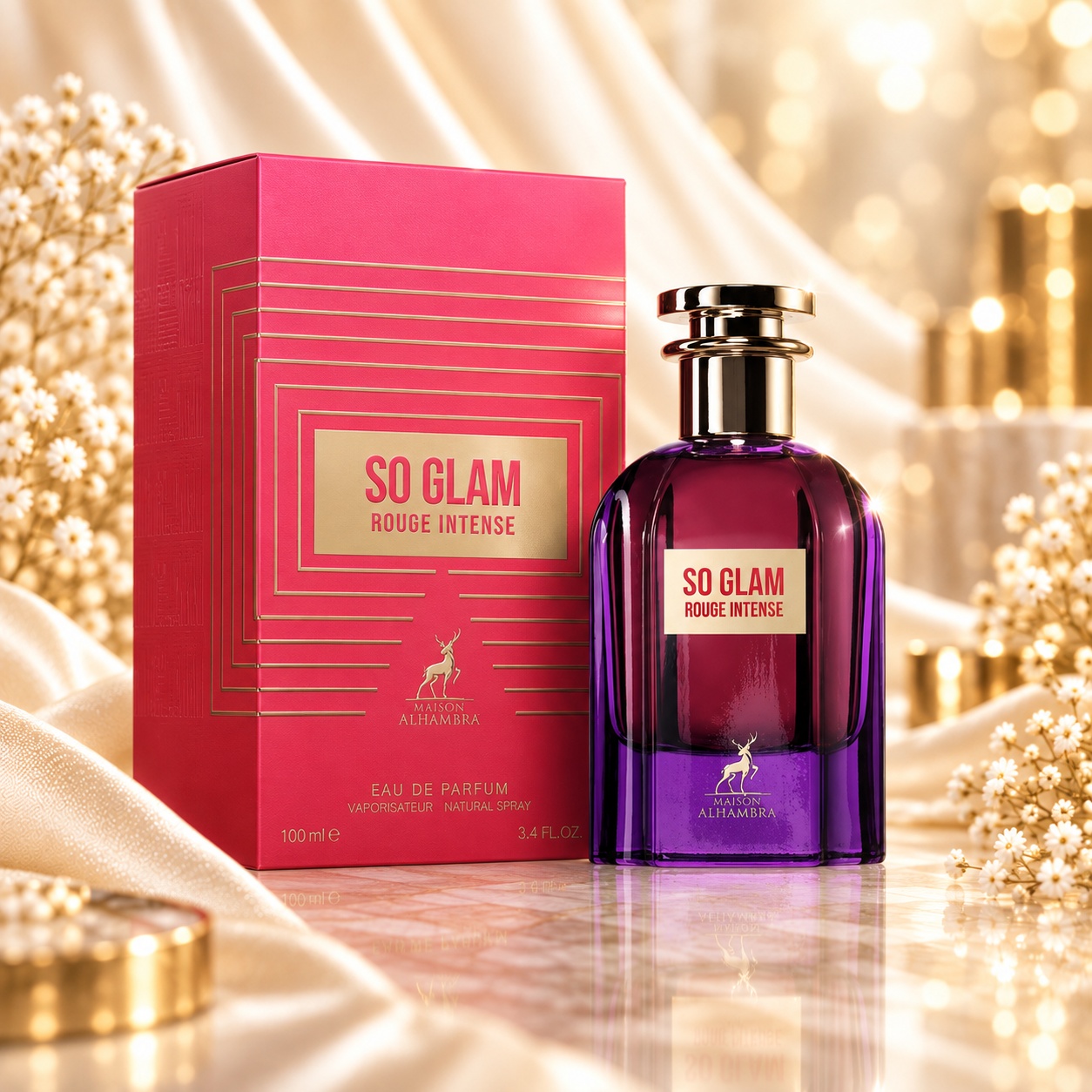 Parfum OEM So Glam Rouge Intense 100 ml cu sticlă mov și cutie roz premium