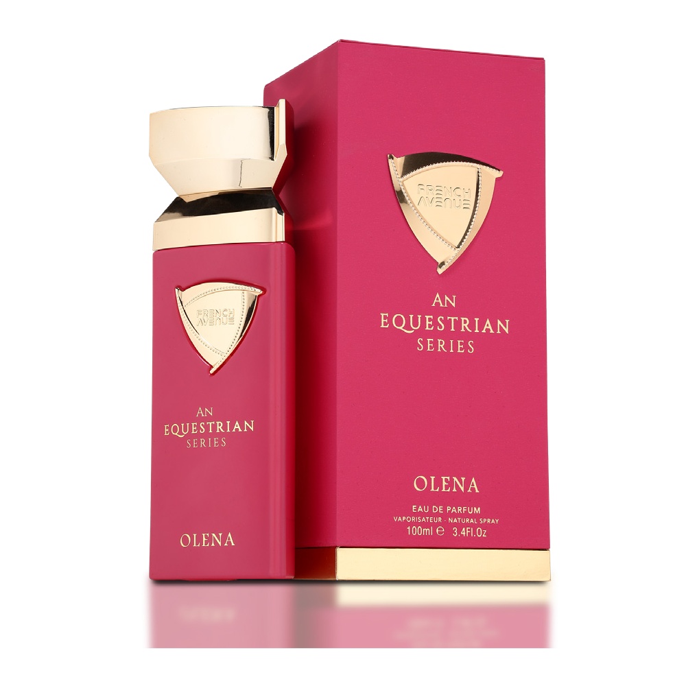 Olena An Equestrian Series French Avenue 100 ml sticlă și cutie produs pe fundal alb