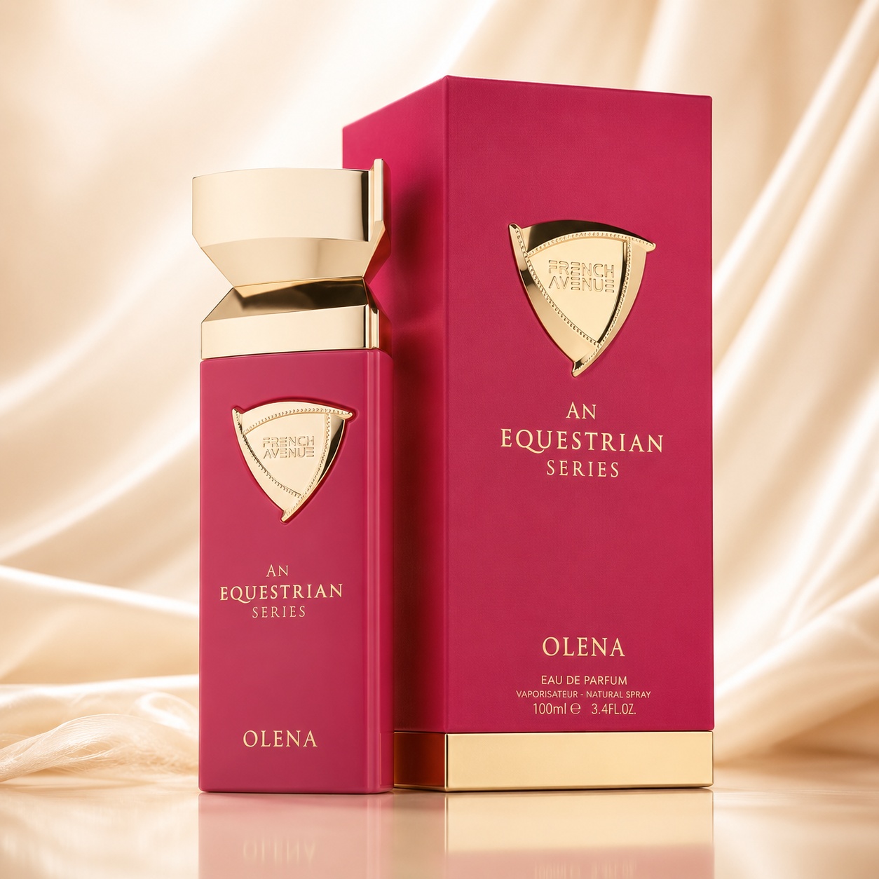 Parfum Arăbesc Olena An Equestrian Series French Avenue EDP 100 ml Damă cu flacon roz fuchsia și cutie premium aurie