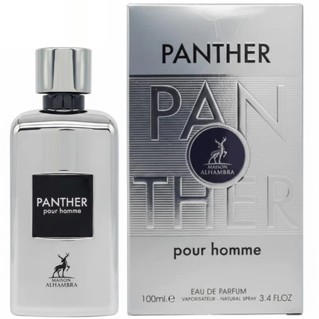 Panther Pour Homme Maison Alhambra 100 ml sticlă și cutie produs pe fundal alb