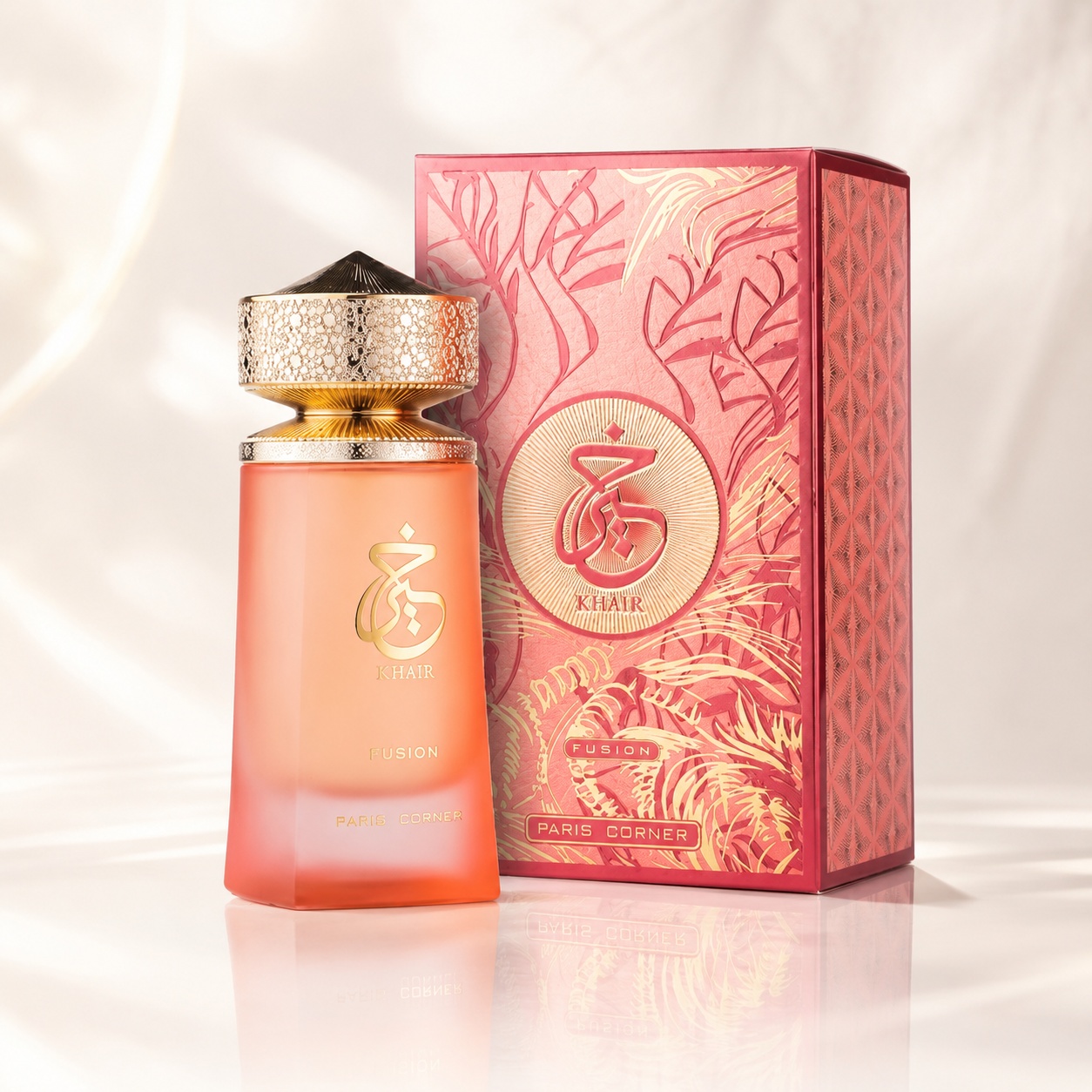 Parfum Paris Corner Khair Fusion Concentrated Oil 25 ml, sticlă coral și cutie elegantă roz aurie