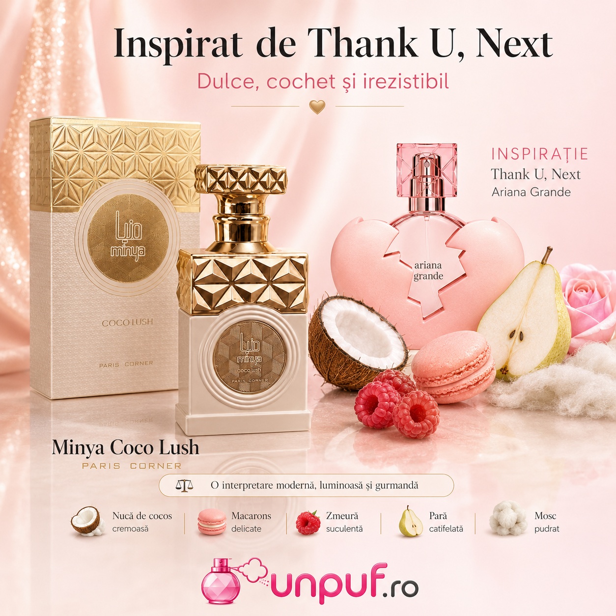 Minya Coco Lush Paris Corner inspirat din Thank U Next cu nucă de cocos zmeură pară macarons și mosc