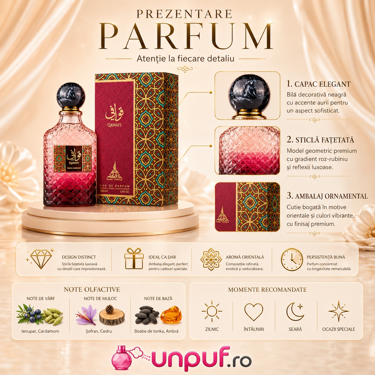 Prezentare Parfum Qawafi Paris Corner cu note olfactive și detalii premium