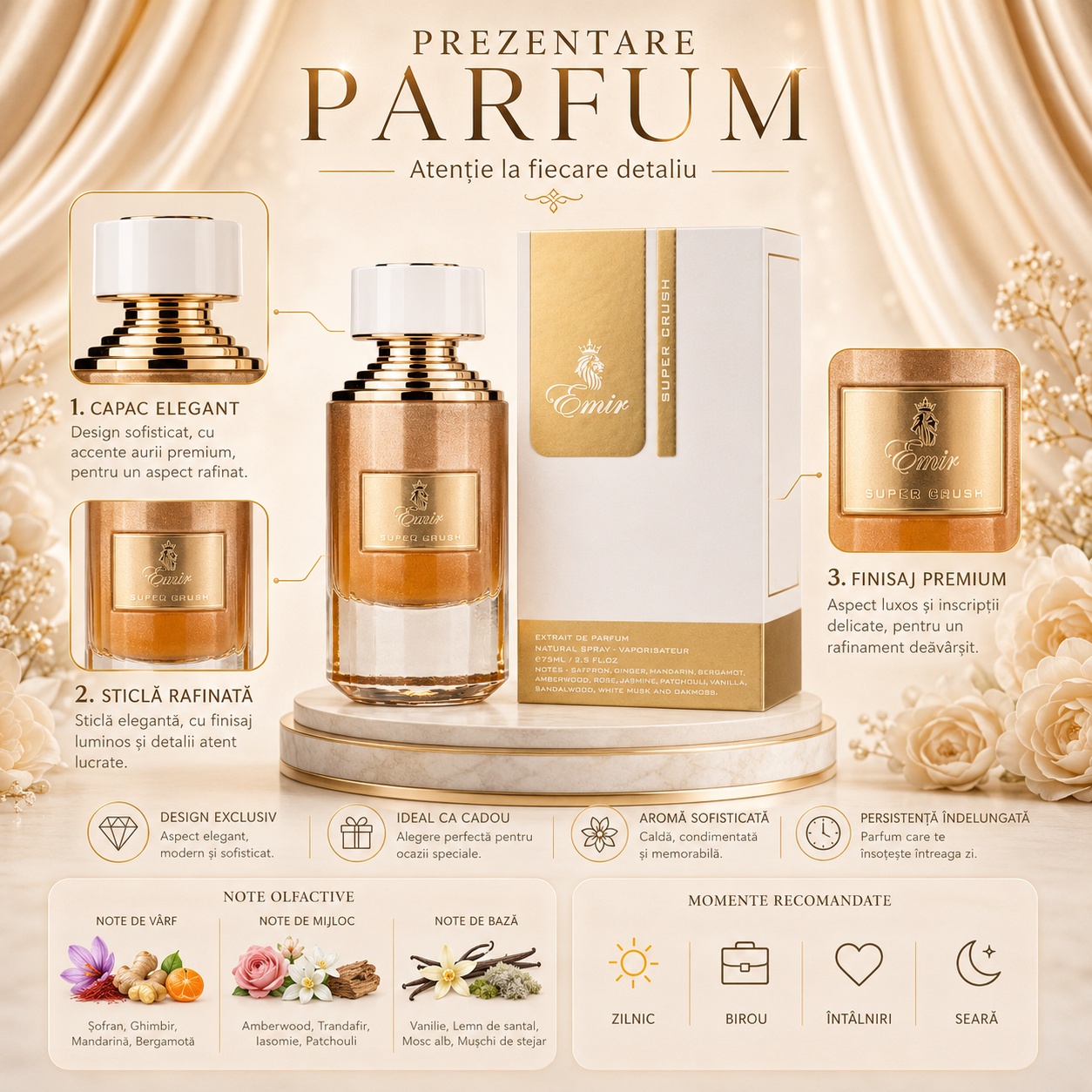 Prezentare parfum Super Crush Emir Paris Corner cu note olfactive și detalii premium