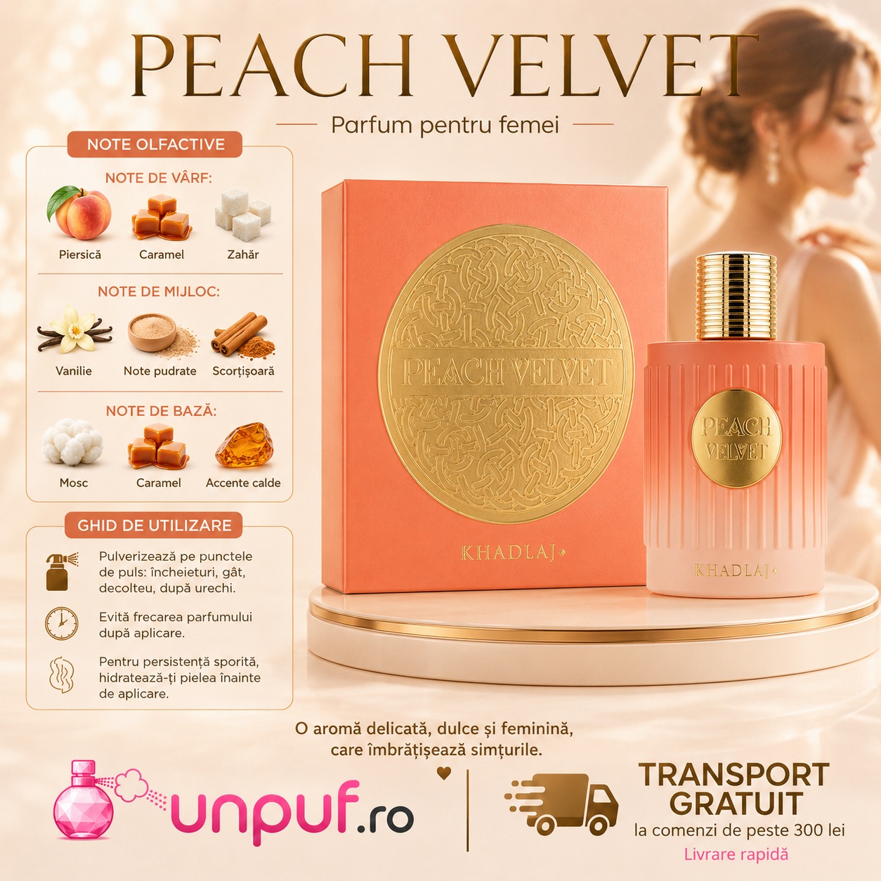Profil olfactiv Peach Velvet cu piersică, note dulci, vanilie, note pudrate, mosc și accente calde