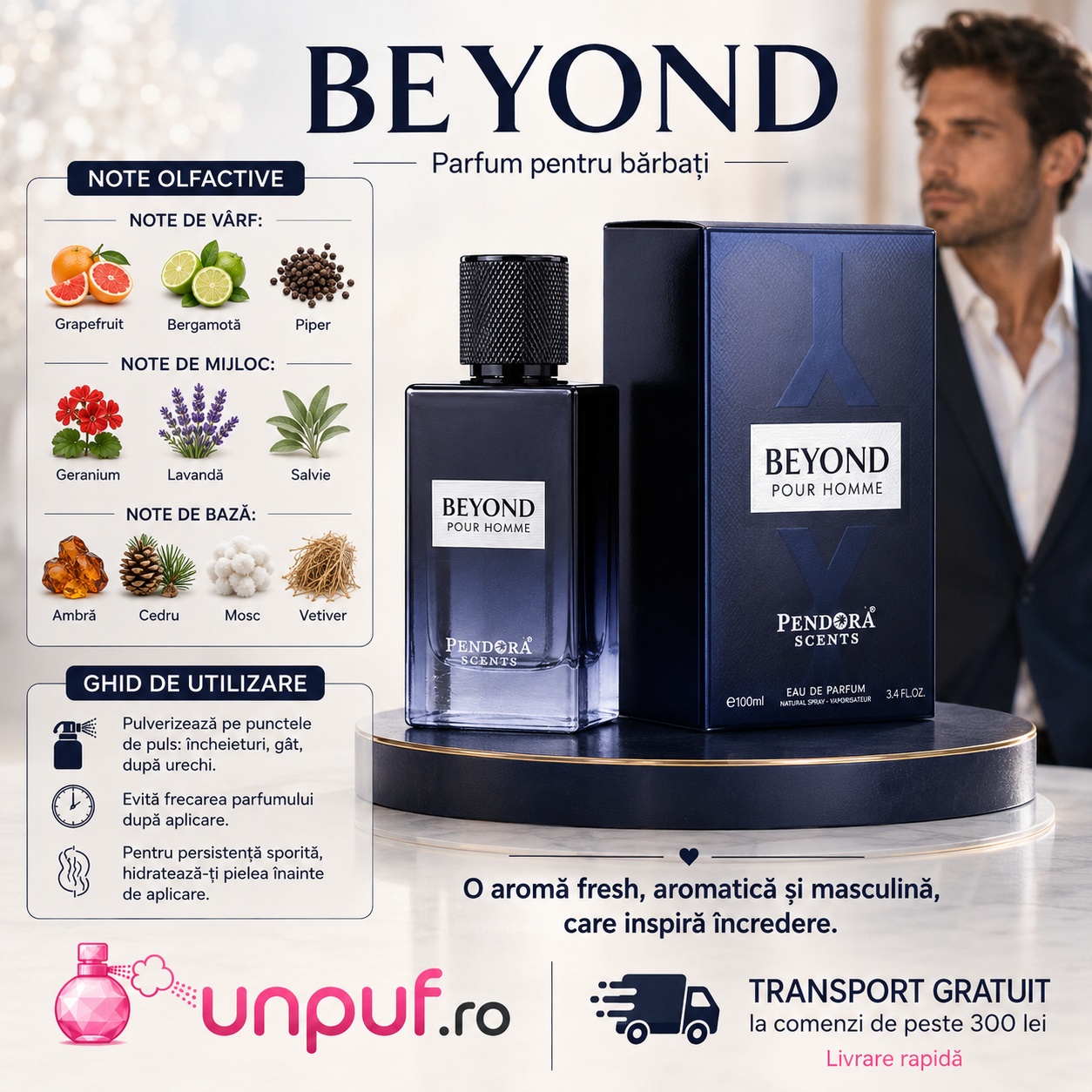 Profil olfactiv Beyond Pour Homme cu grapefruit, bergamotă, piper, geranium, lavandă, salvie, ambră, cedru, mosc și vetiver