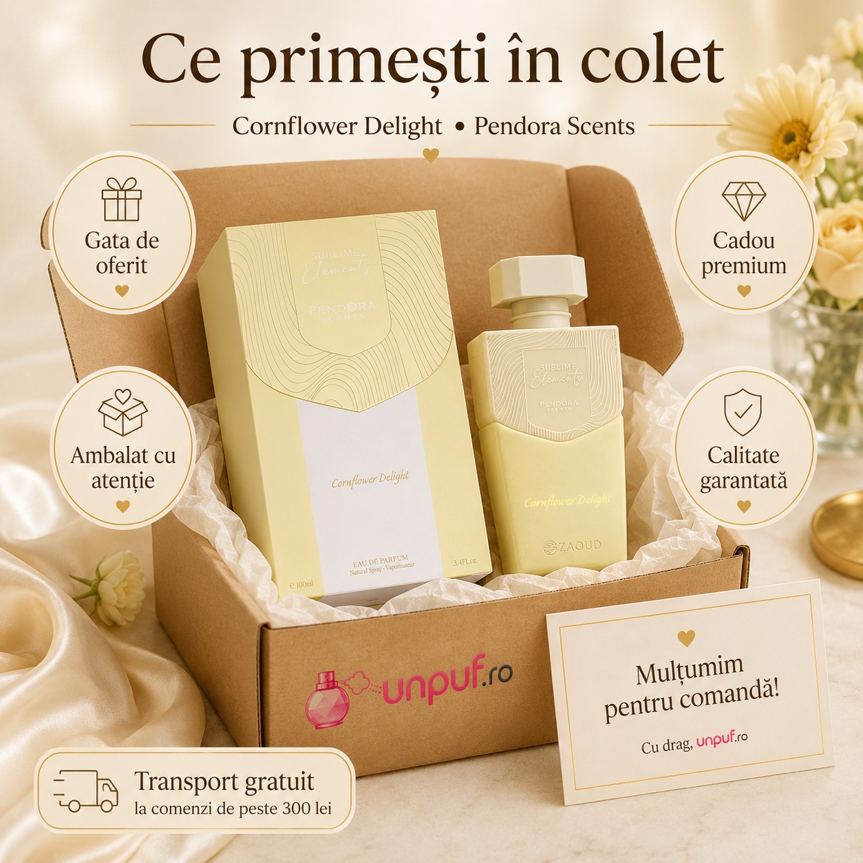 Ce primești în colet Pendora Scents Cornflower Delight 100 ml, produs sigilat, ambalare premium și transport gratuit peste 300 lei