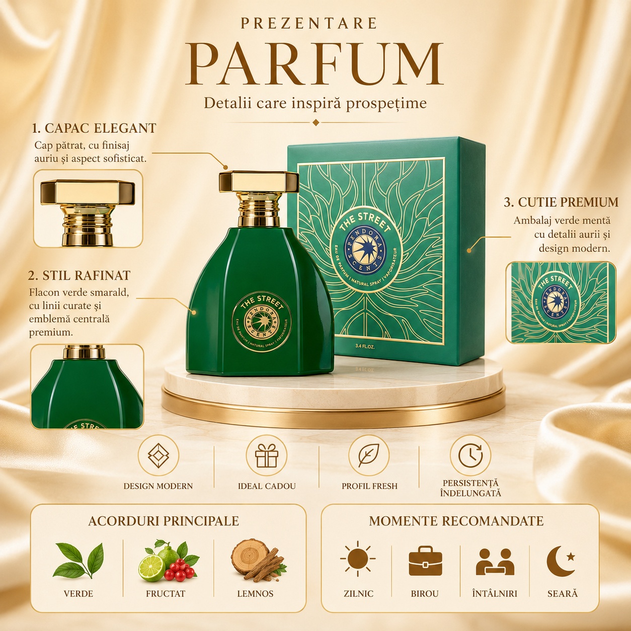 Prezentare premium Pendora Scents The Street 100 ml cu flacon verde, capac auriu și cutie elegantă