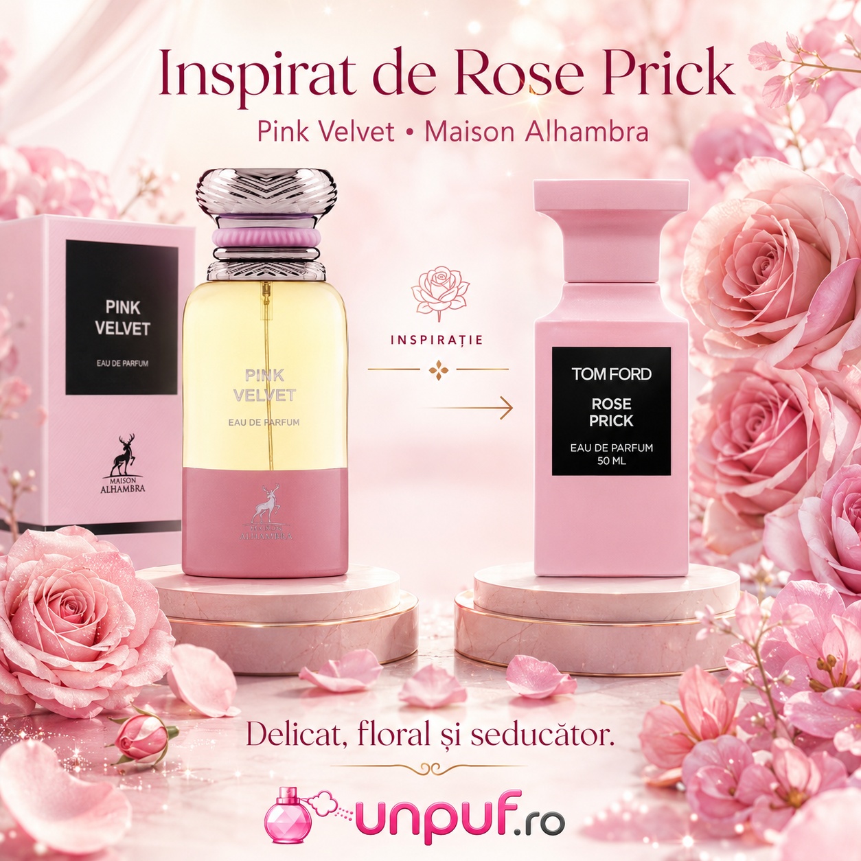 Pink Velvet Maison Alhambra inspirat de Rose Prick Tom Ford parfum floral delicat și seducător